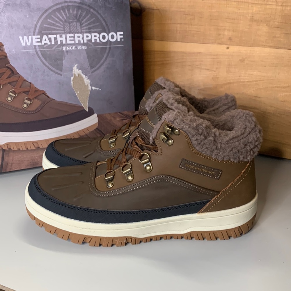 NEW Men’s Weatherproof Slope Boot Brown Black Leather Memory Foam